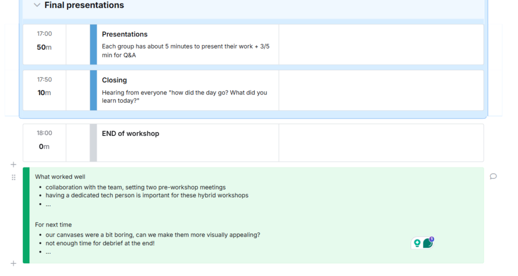 A screenshot of a session showing a note with feedback for the facilitator